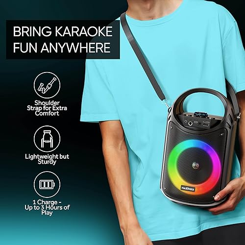 Miniatura 5 de MASINGO Máquina de karaoke para niños y adultos con 2 micrófonos inalámbricos Bluetooth, altavoz portátil PA con luces LED coloridas, compatible con