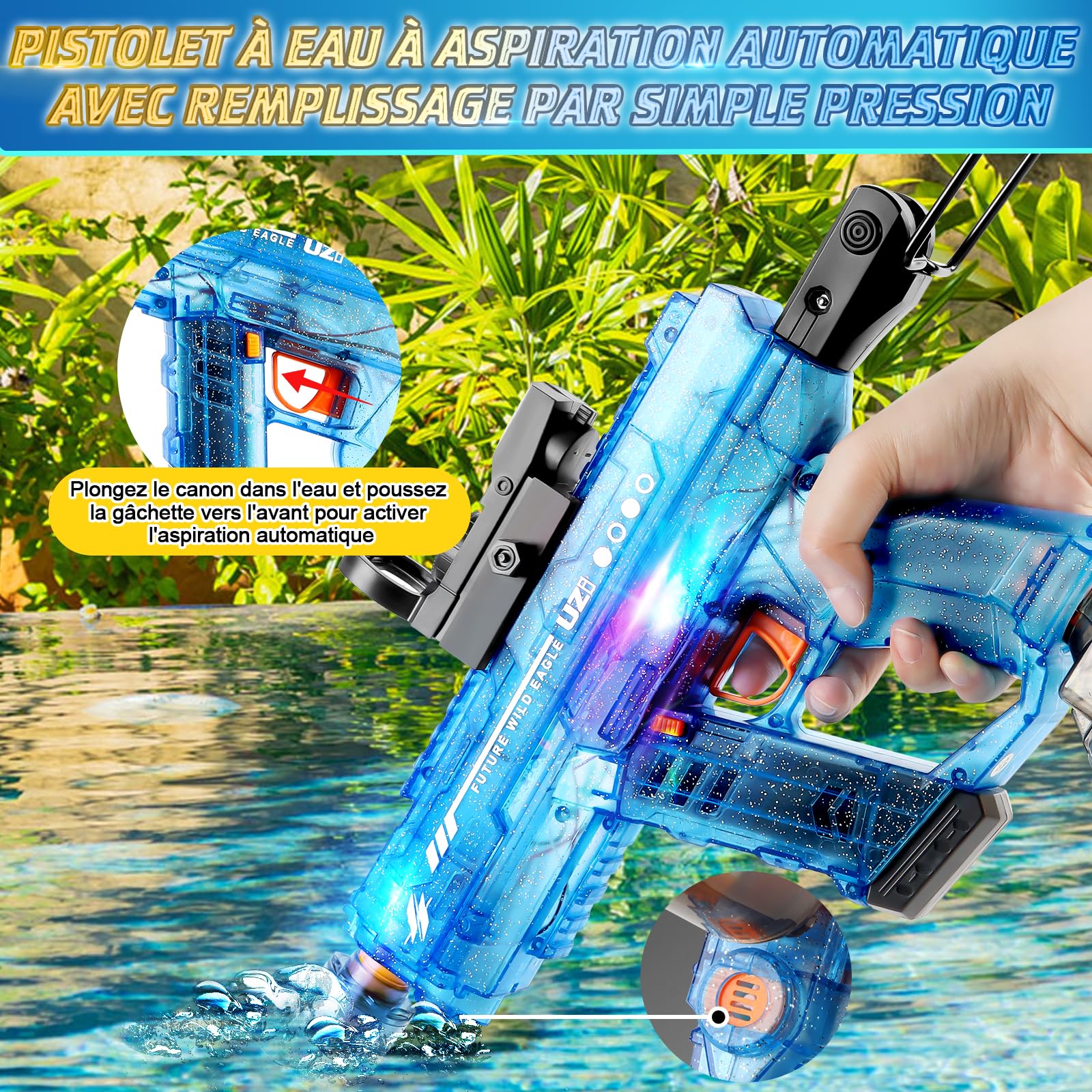 JONRRYIN Pistolet à Eau Électrique, 800ml Pistolet Automatique - Jet 10m, Rechargeable Electric Water Gun avec Flash & Sonores, Jouet Aquatique Étanche Enfants/Adultes Été (Bleu)