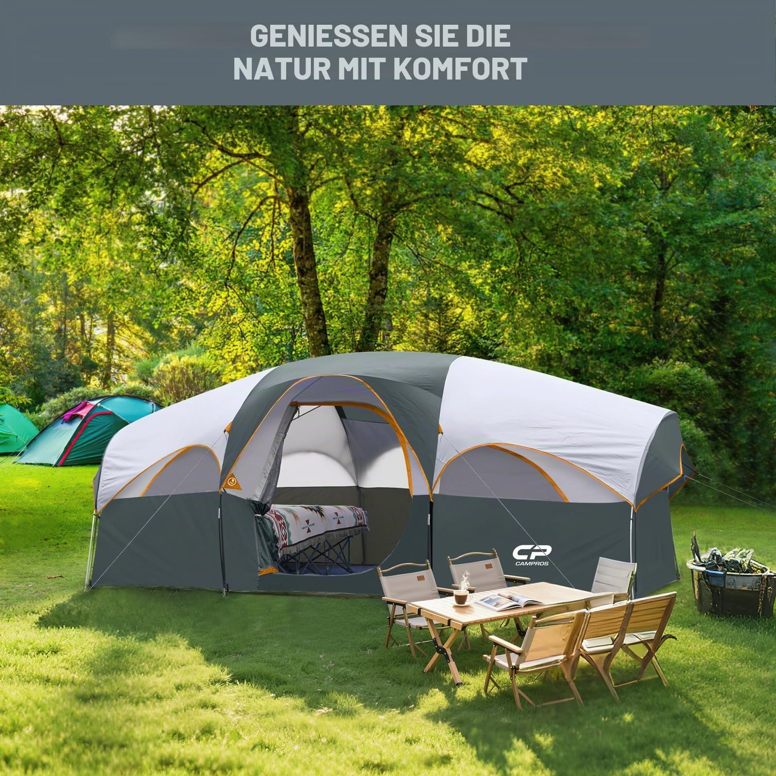 CAMPROS CP Camping Zelt 6-8 Personen, großes Familienzelt 427 x 274 x 183 cm, 2 Räume mit Trennwand, Stehhöhe, schneller Aufbau in 5 Minuten, Gute Belüftung, Outdoor Zelt für Familie
