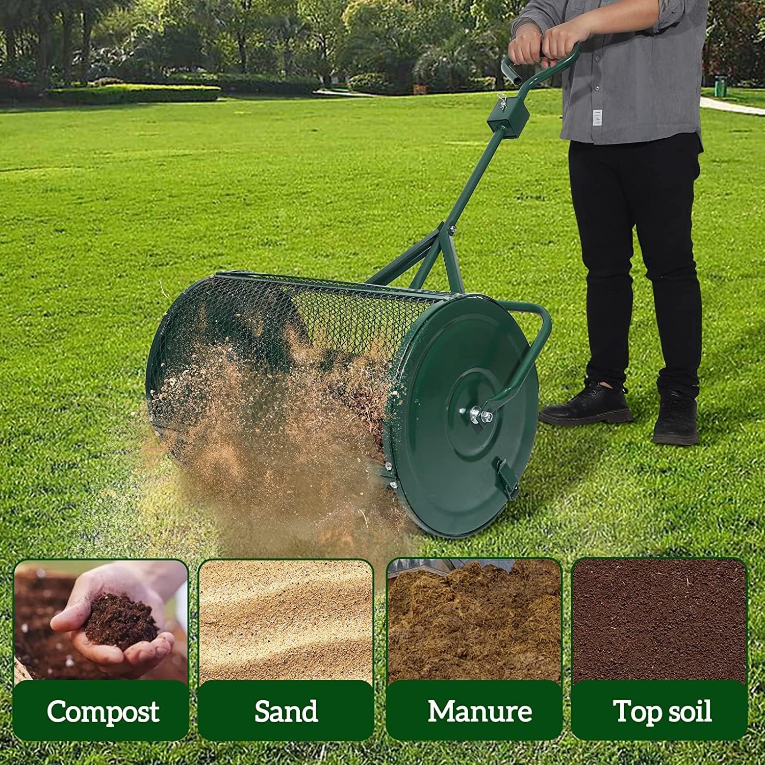 Compost Spreader Peat Moss Spreader, 24" Push Spreader with Dual-Purpose Handle Lightweight Manure Spreader for Lawn and Garden Metal Mesh Basket Topdressing Roller