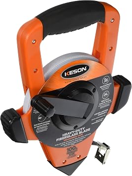 Keson OTRS18100 Fiberglass Measuring Tape with Hook, Speed Rewind Graduations ft., in. 1/8, 100-Foot