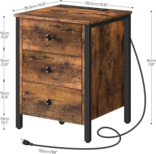 Miniatura 3 de HOOBRO Mesita de noche con estación de carga, mesa auxiliar con 3 cajones y estante de almacenamiento, mesa auxiliar con puerto USB, mesa de noche