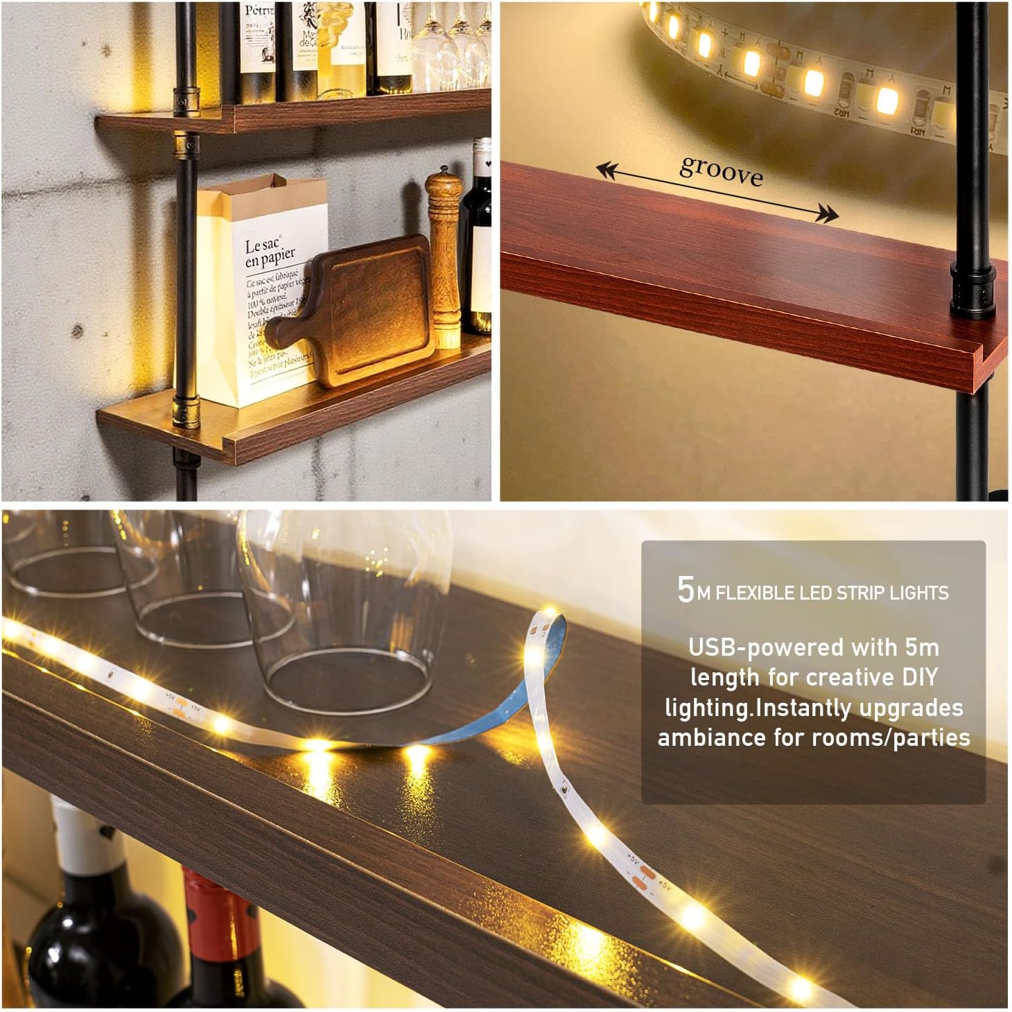 47.2" Modern Wine Rack Wall Mounted with LED Lights, 3-Tiers Industrial Pipe Liquor Floating Shelves, Rustic Metal Wall Wine Rack for Home, Restaurant, Commercial Bar, Kitchen Storage Display