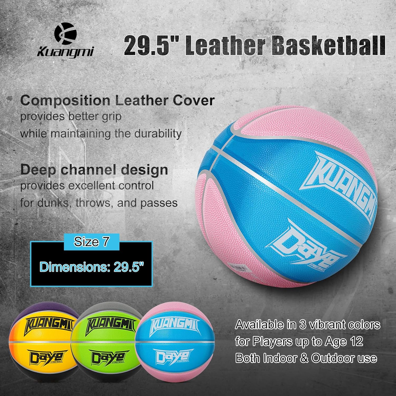 Kuangmi Daye Series Basketball, Size 7 (29.5"), Composite Leather Street Basketball, Outdoor & Indoor Game Ball