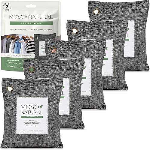 Moso Natural Bolsa purificadora de aire de 7.05oz (paquete de 5). Un eliminador de olores sin olor para coches, armarios, baños, áreas de mascotas.