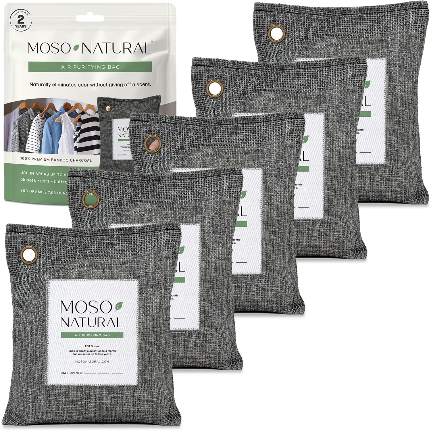Moso Natural Air Purifying Bag 200g (5 Pack) HGTV Editor's Pick | Premium Bamboo Charcoal Odor Absorber for Home & Car | Closet Odor Eliminator & Car