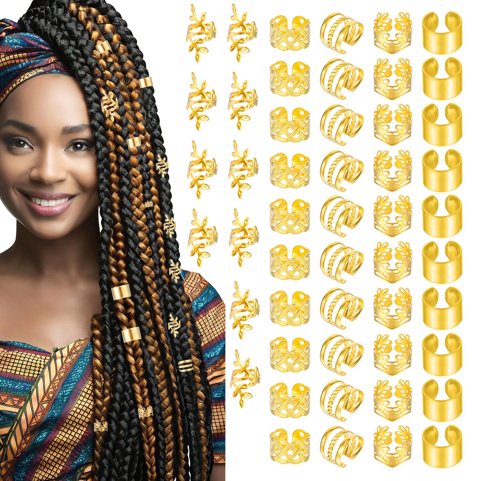 Free People Black and Gold Hair Accessory Amazon.com : VENOFEN 40PCS Hair Jewelry for Braids Gold  main image 3