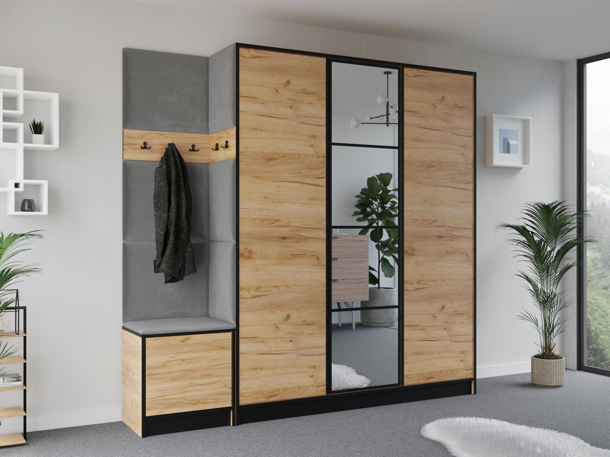 KIER FURNITURE Garderobenschrank Eden 209,6 cm - Modern Flurgarderobe - Flurschrank mit Schuhschrank - Flurgarderoben Set - Garderobe mit Sitzbank Craft Eiche & Grau 209,6 x 205 x 39 cm