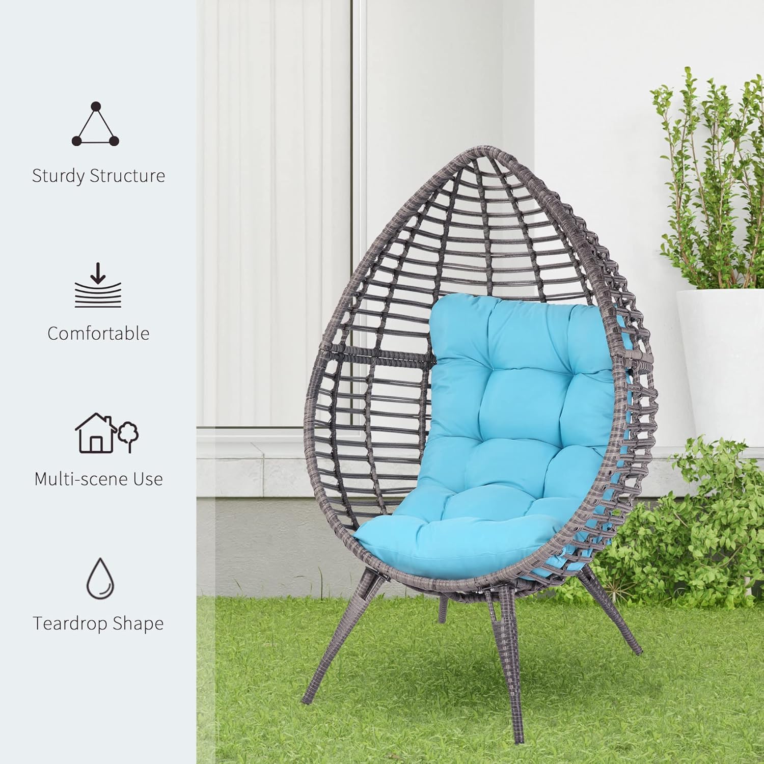 Outsunny Patio Wicker Egg Chair w/Soft Cushion, Teardrop Cuddle Seat, Outdoor/Indoor Patio Chair, PE Plastic Rattan Furniture with Adjustable Height Feet Pads, Light Blue