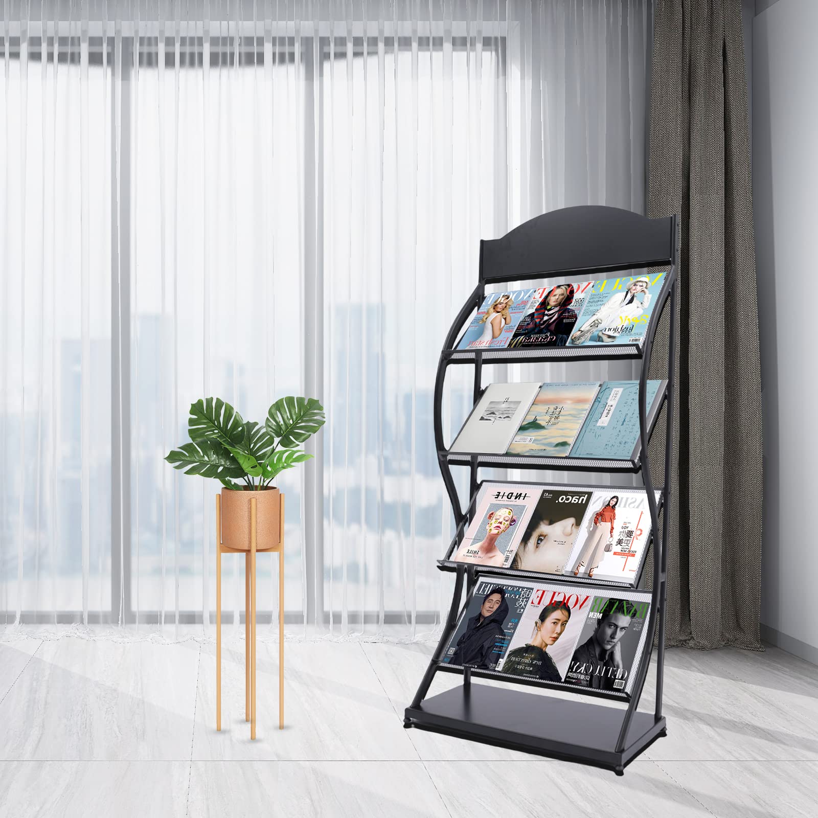 BINELUCOLU Floor-Standing Magazine Rack, Metal 4-Layer Magazine Rack Floor Display Stand Information Rack Book Storage Rack Magazine Holders for Newspaper Brochures Documents