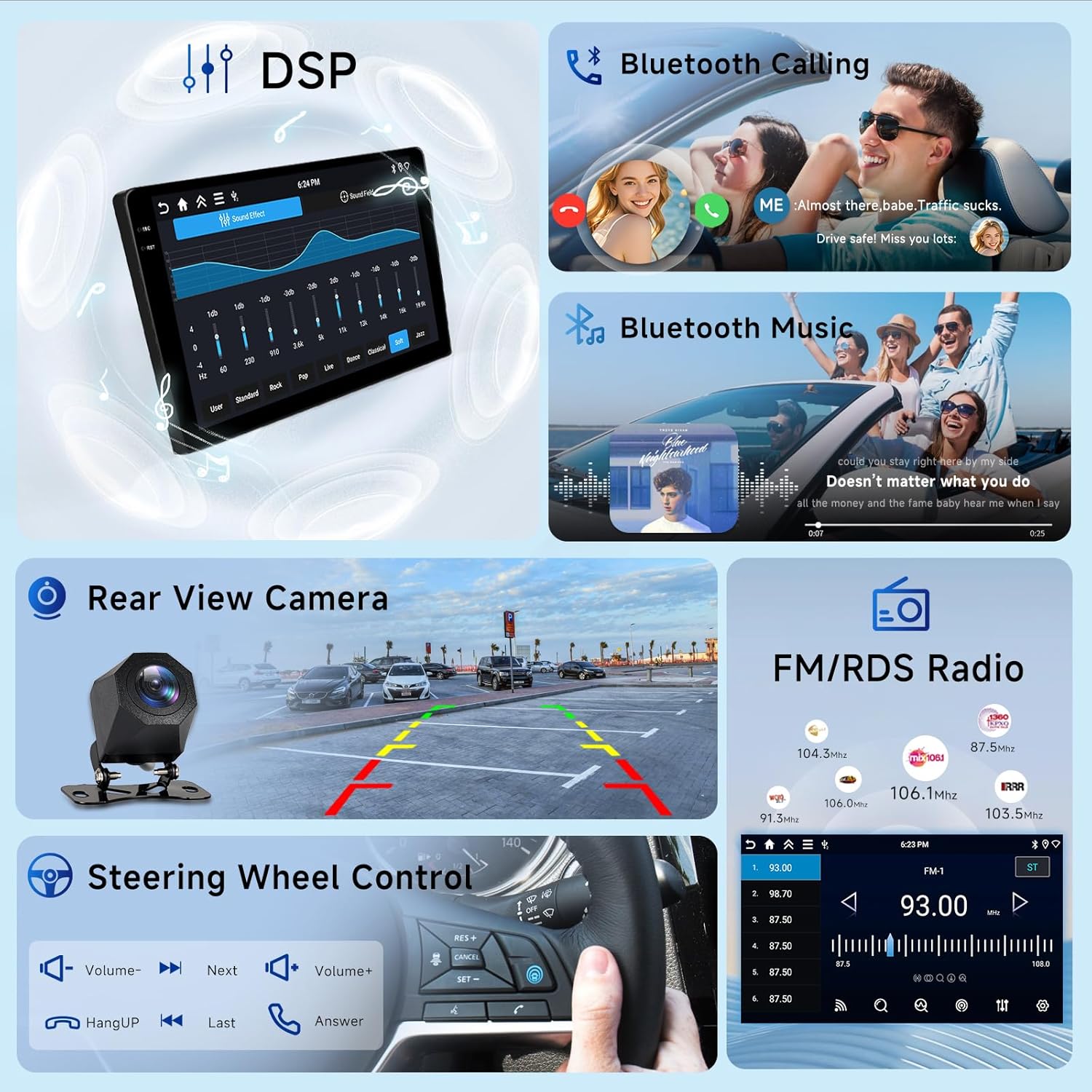 Hodozzy Car Stereo DSP, Bluetooth Calling, Bluetooth Music, Rear View Camera, FM/RDS Radio, and Steering Wheel Control