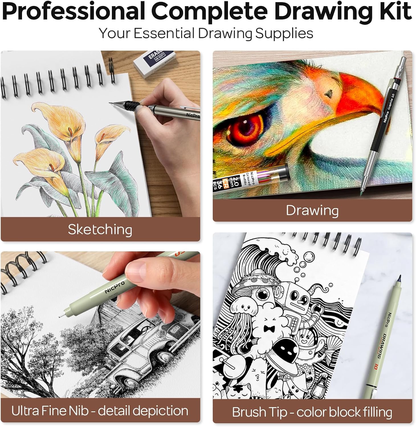 Nicpro 58 PCS Art Drawing Supplies Kit in Leather Case, Art Mechanical Pencil Set with Metal Drafting Pencil 0.3 & 0.5 & 0.7 & 0.9 & 2mm, 12 Micron Pen, Sketch Book, 30 Tube Lead Refills for Sketching