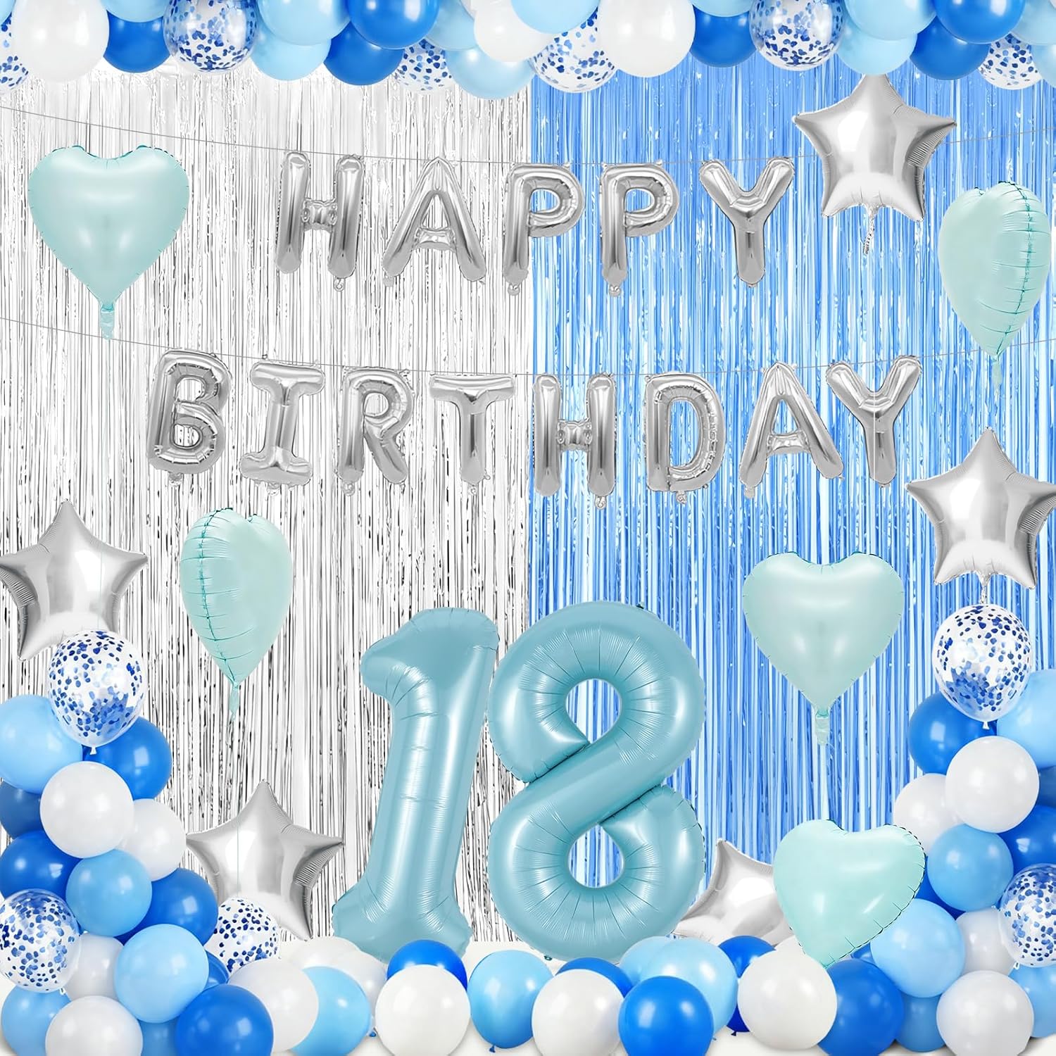 Birthday Party Decorations, Neon Transparent Holographic Foil Tassel Curtain, for Graduation Decorations, Includes Tablecloth, Balloons, Numbers, and Pump(Blue)