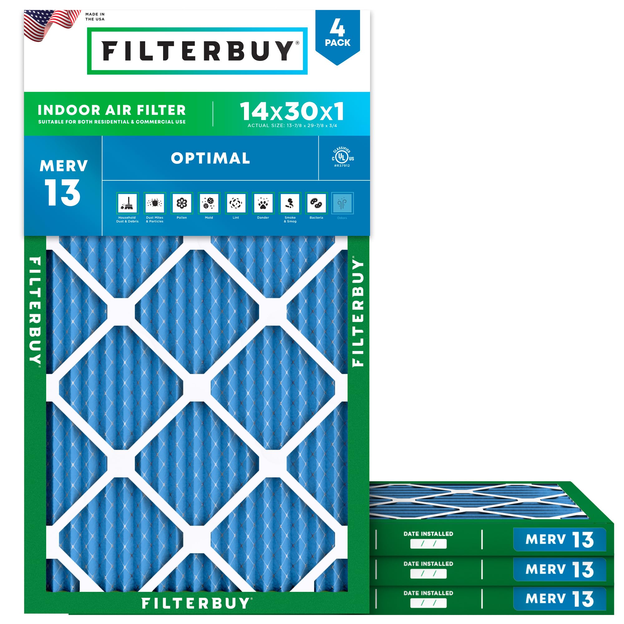 Filterbuy 14x30x1 Air Filter MERV 13 Smoke & Allergy Defense (4-Pack) | Electrostatic Pleated HVAC AC Furnace Filters Replacement, Made in USA (Actual Size: 13.88 x 29.88 x 0.75)