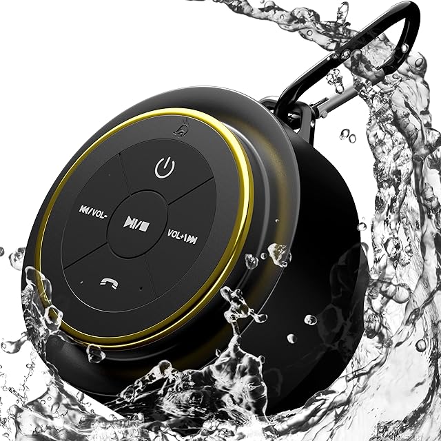 iFox Portable Bluetooth Shower Speaker, IPX7 Waterproof Outdoor Wireless Speaker, Built-in Mic, Carabiner, Beach, Camping, Hiking, Pool, Black/Gold