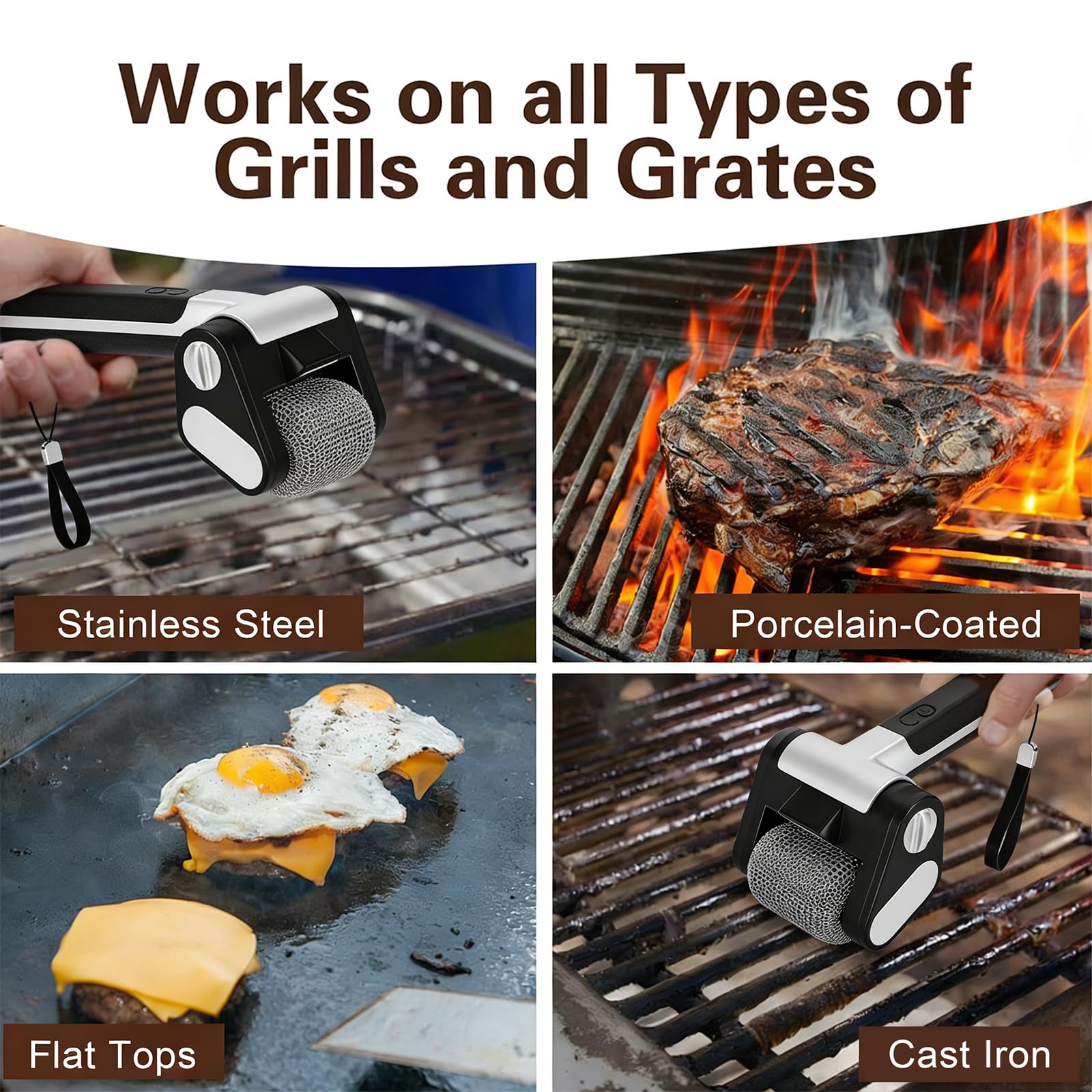 Cepillo eléctrico inalámbrico para parrilla, limpiador de barbacoa con luz LED, rodillo de acero inoxidable de 350 rpm, herramienta recargable sin cerdas para parrillas de carbón de gas al aire libre