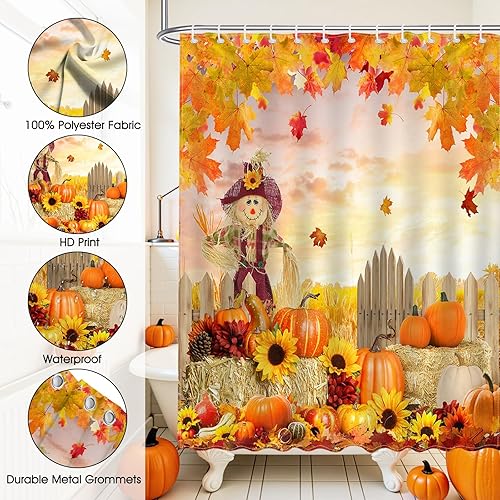 Miniatura 6 de Mocsicka Cortina de ducha de otoño, espantapájaros, calabaza, hojas lisas, girasol, linda cortina de ducha de otoño, cortina de baño de Acción de