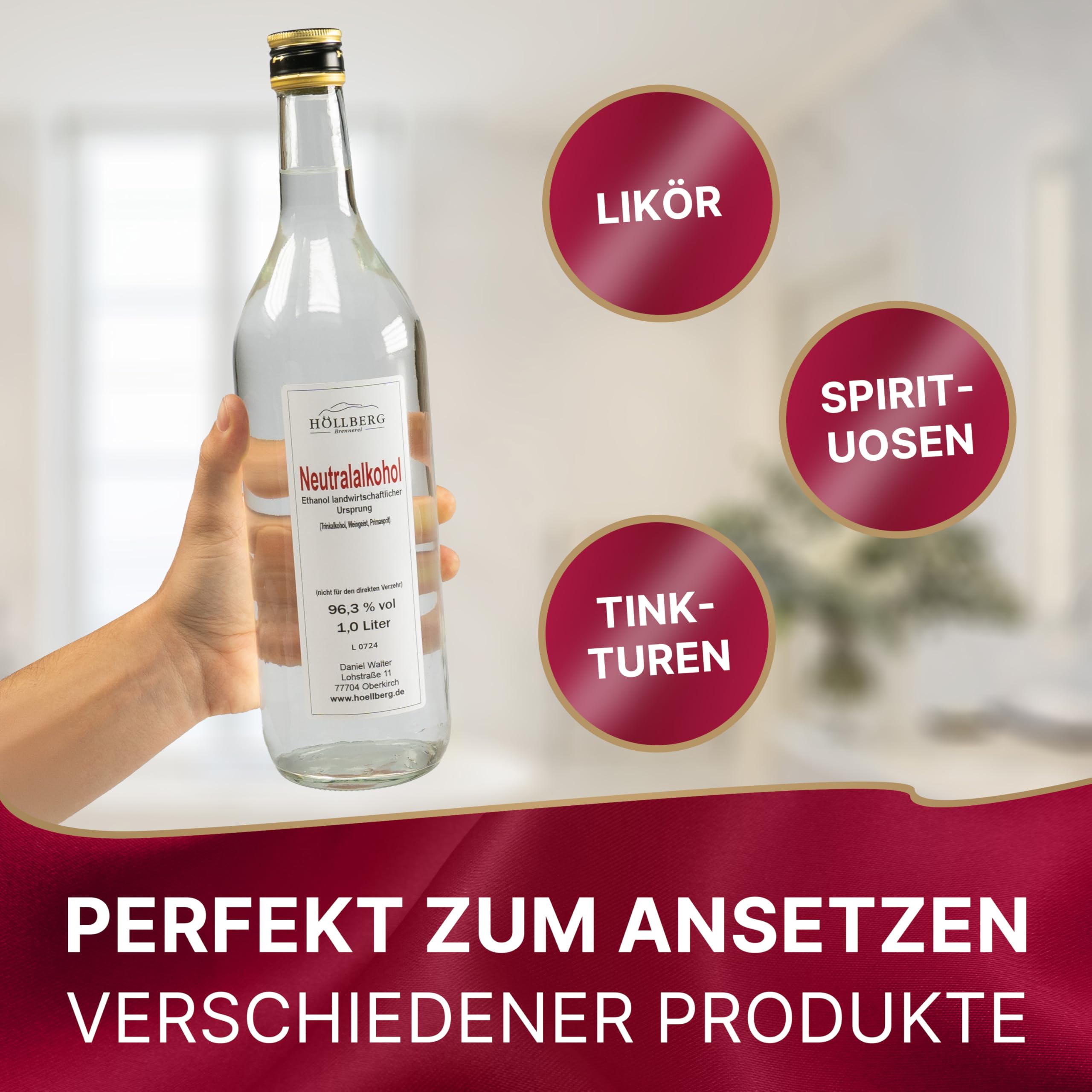 Neutralalkohol Weingeist Primasprit Ethanol 96,3% – Reiner Alkohol & Spiritus 1L – Trinkalkohol, Alcohol, Alko