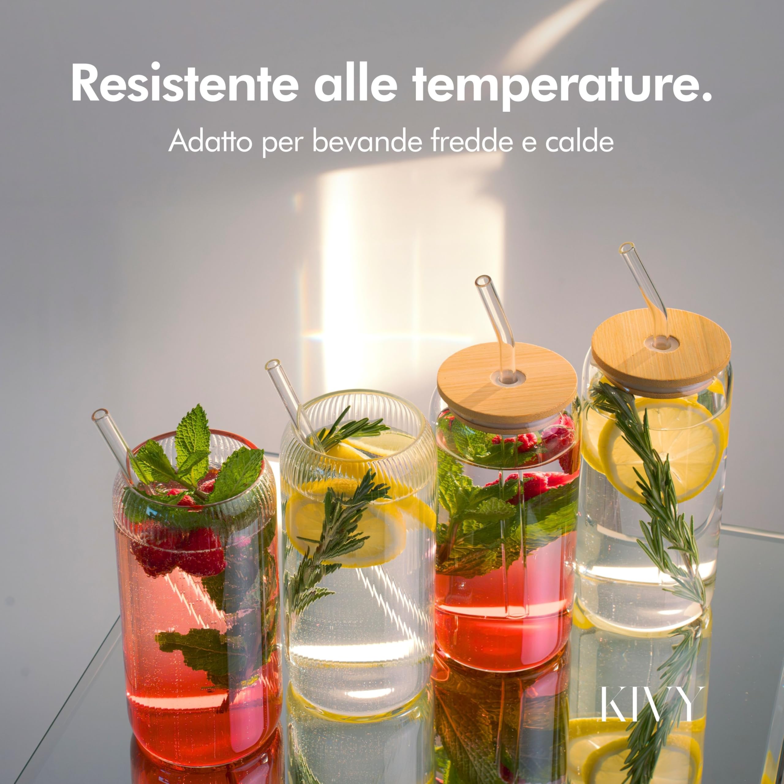 KIVY Bicchiere con Cannuccia Rigato [4x 450ml] Acqua, Caffè freddo e Matcha - Set Bicchieri Acqua Vetro - Bicchiere Vetro con Cannuccia - Bicchieri Ghiacciato - Senza BPA -Lavabile in Lavastoviglie
