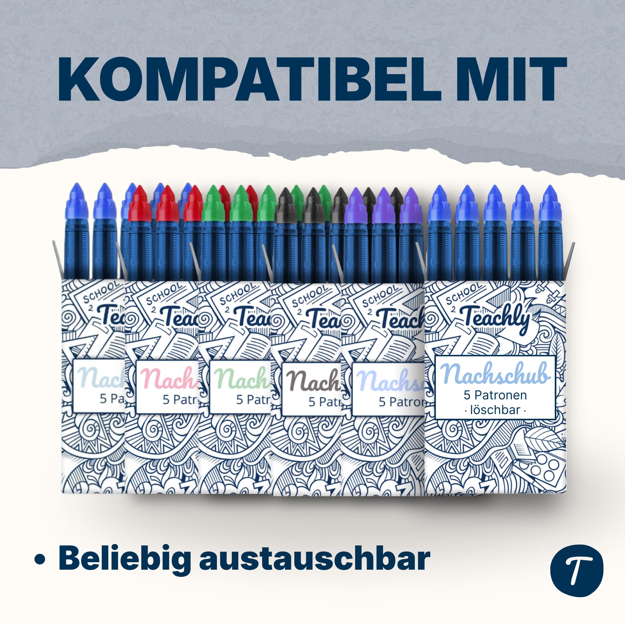 Teachly Tintenroller Superstudent (Anthrazit) - inkl. 7 blauen Patronen | Nachfüllbarer Tintenroller für Schule & Studium - Inkl. Geschenkverpackung