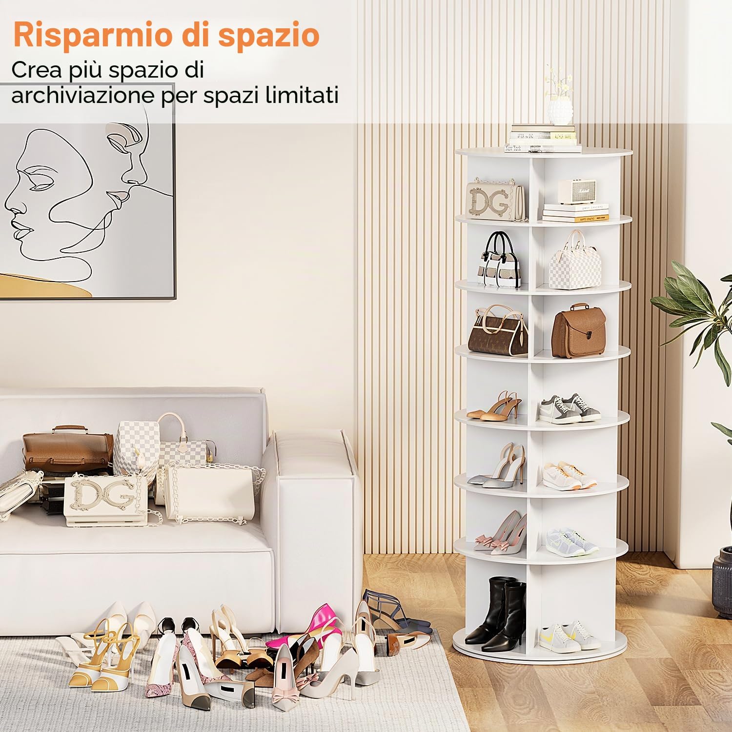 bimiti Scarpiera girevole a 7 livelli, armadietto girevole, scarpiera girevole a 360 gradi, giostra rotonda, organizer salvaspazio, borsa verticale, organizzazione scarpiera