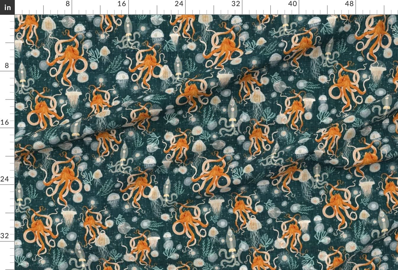 Spoonflower Fabric - Octopus Blue Orange Sea Ocean Octopus Midnight Jellyfish Life Weed Printed on Minky Fabric by The Yard - Sewing Baby Blankets Quilt Backing Plush