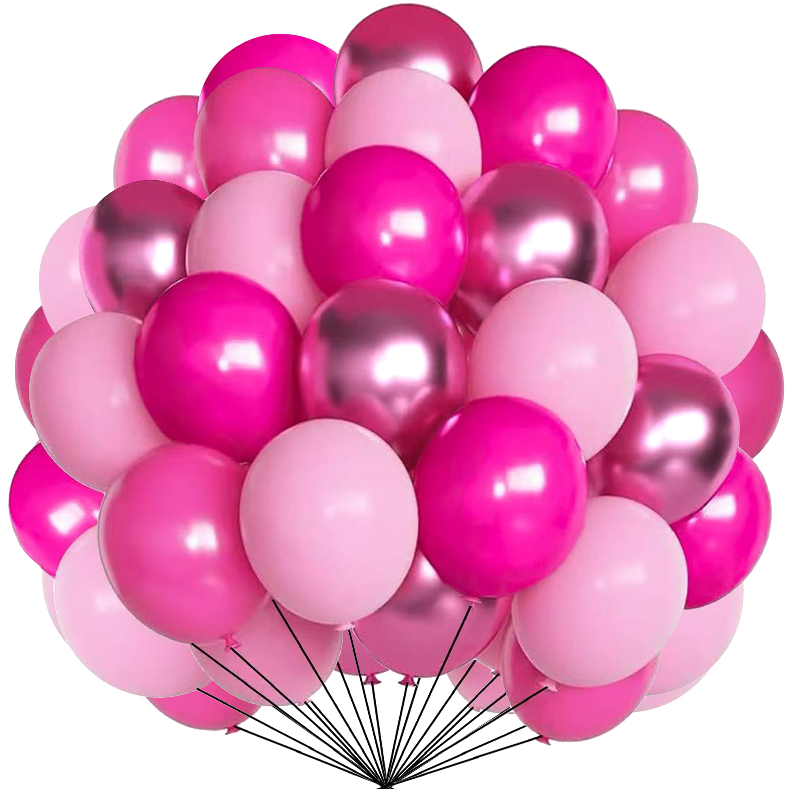 Firomi Metallic Chrome Pink Balloons Set 12-inch 70 pack (with 2 Ribbons)