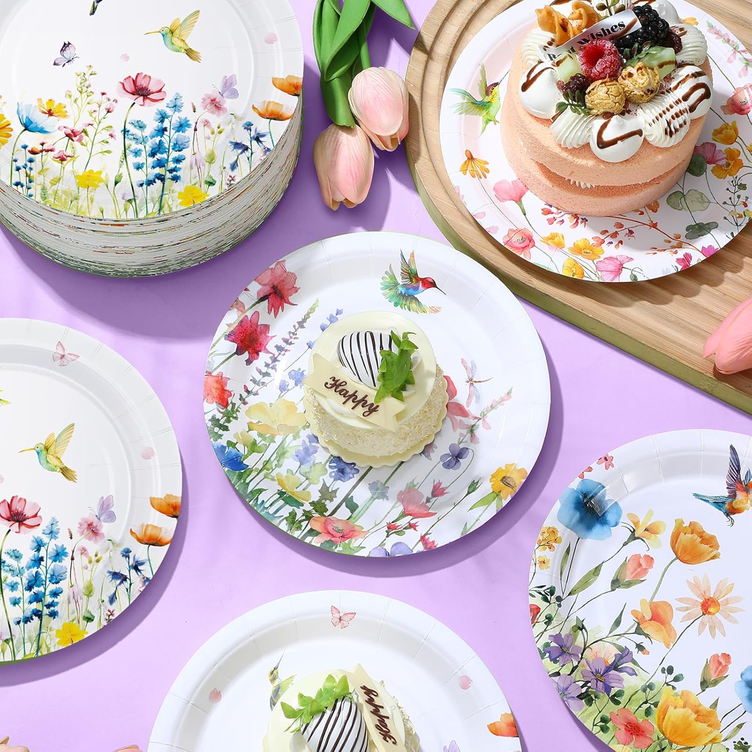 Fourluoo 96 Pcs Spring Wildflower Paper Plates 7 Inch Flower Disposable Dinner Plates for Spring Summer Party Birthday Party Decoration Supplies