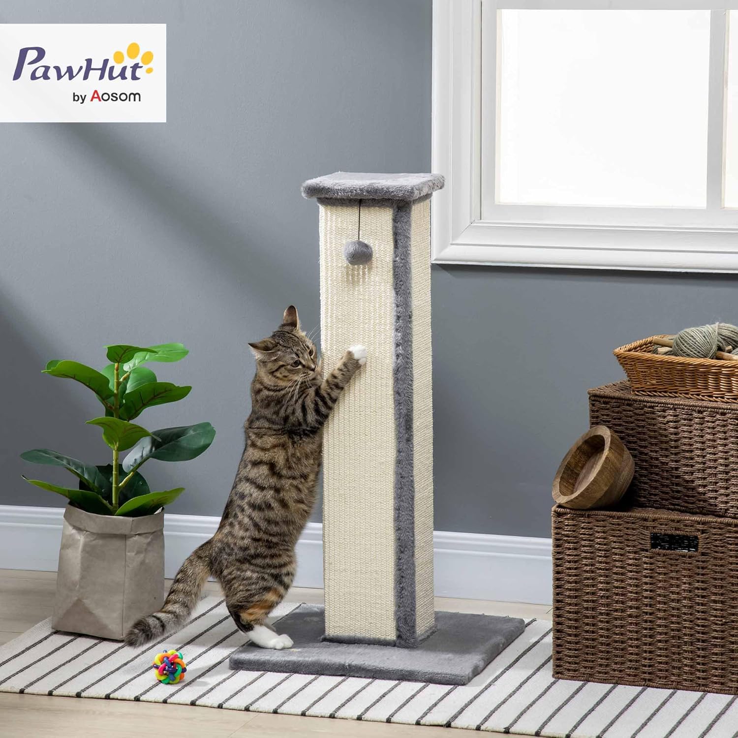 PawHut 32" Tall Cat Scratching Post for Indoor Cats and Kittens, Vertical Claw Scratcher, Sisal Cat Scratcher with Hanging Ball and Soft Plush, Grey