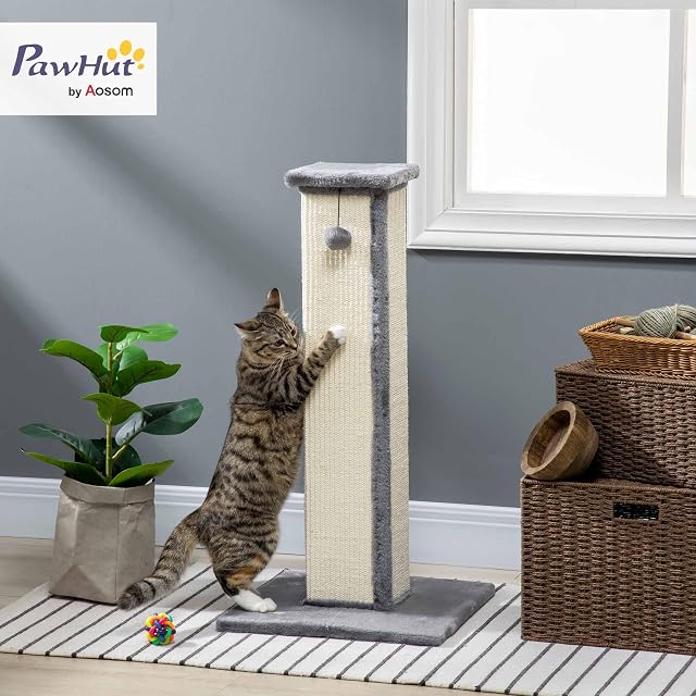Foto 2 de 8 de PawHut Poste Rascador para Gatos 81 cm Poste de Sisal 41x41x81 cm Gris