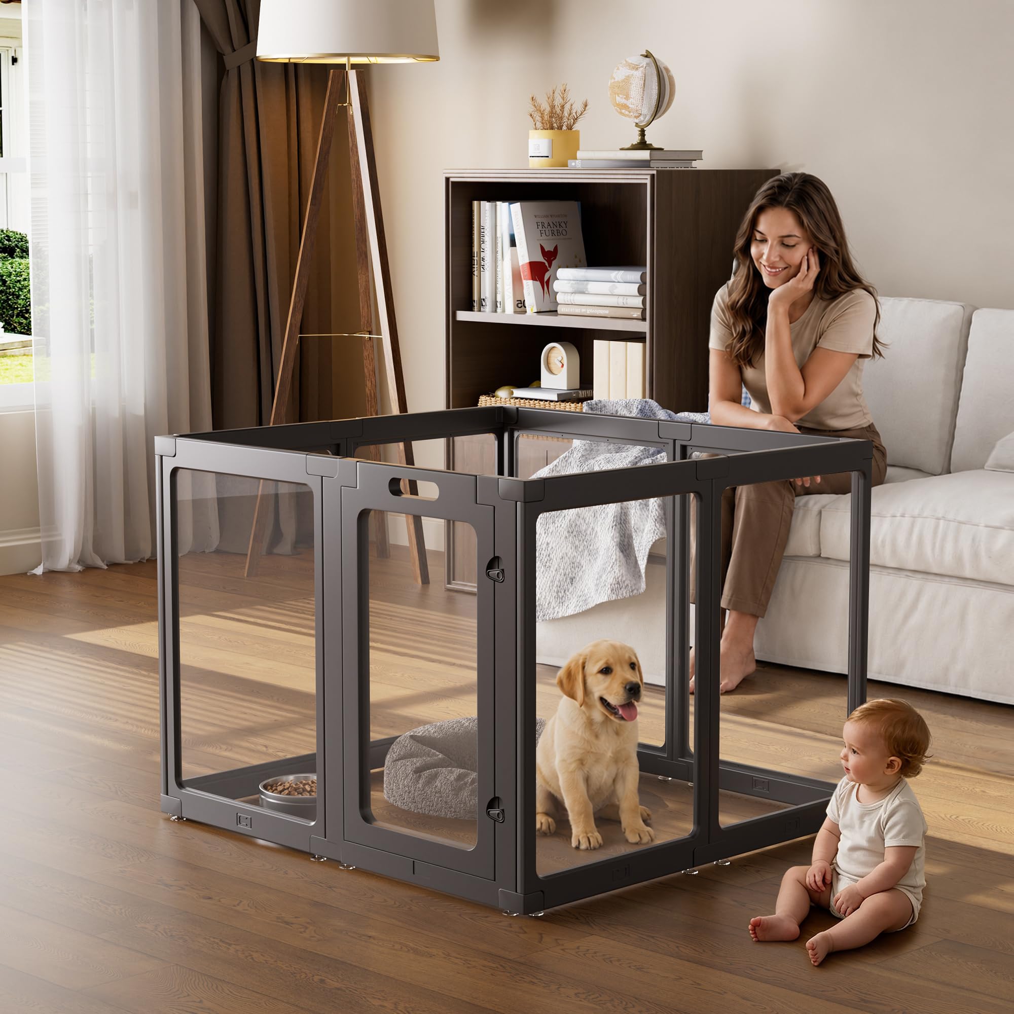 Clear Acrylic Dog Playpen Indoor Pet Pen, 35" H, Black, 8 Panels
