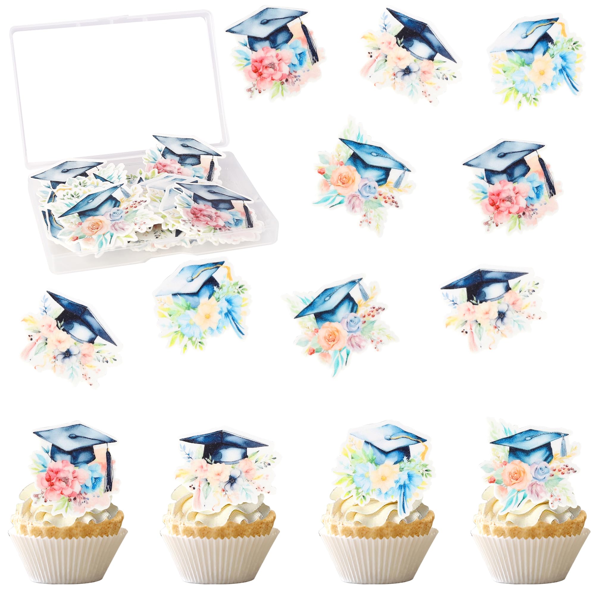 Xsstarmi 60 Pack 2026 Graduation Edible Cupcake Toppers Rice Paper Flower Grad Cap Cupcake Picks for Class of 2026 Graduation Party Cake Decorations Supplies