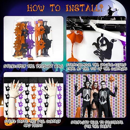 Miniatura 2 de ADLKGG Decoraciones de fiesta de Halloween, 2 cortinas de flecos de papel de aluminio con patrón de fantasma naranja, morado, negro, accesorios