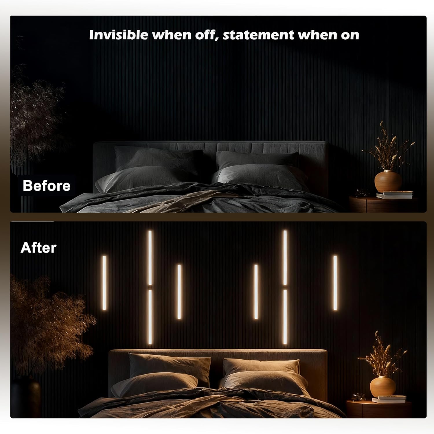 Cefrank LED Slat Wall Lights, 6-Pack 16 Inch Dimmable Cozy Strip Lights with Touch Switch Lumisense Matte Black Finish, 3000K Warm White