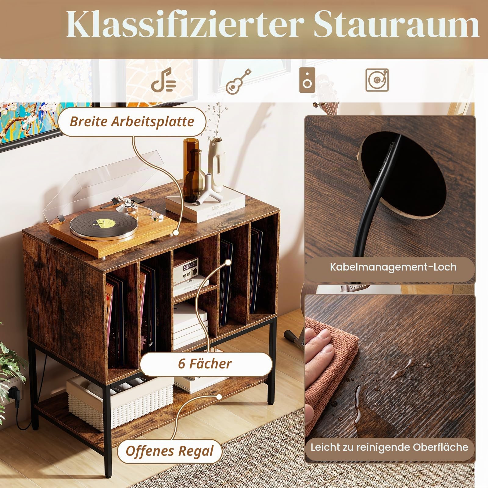 KOMFOTTEU Plattenspielerständer mit Ladestation, Schallplattenständer mit 6 Fächern und offener Ablage, Präsentationsregal Plattenhalter für Vinylplatten mit Kabelloch, 80 x 45 x 79,5 cm (Braun)