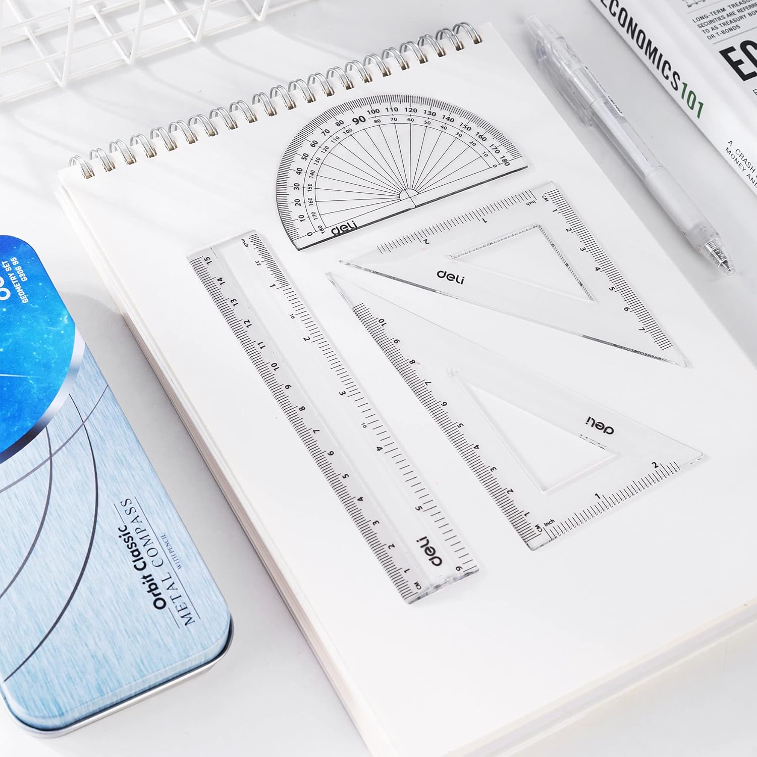 Deli 9 Pcs Math Geometry Kit Set Student Supplies with Shatterproof Storage Box, Includes Rulers, Protractor, Compass, Divider, Pencil Sharpener, Pencil, Eraser