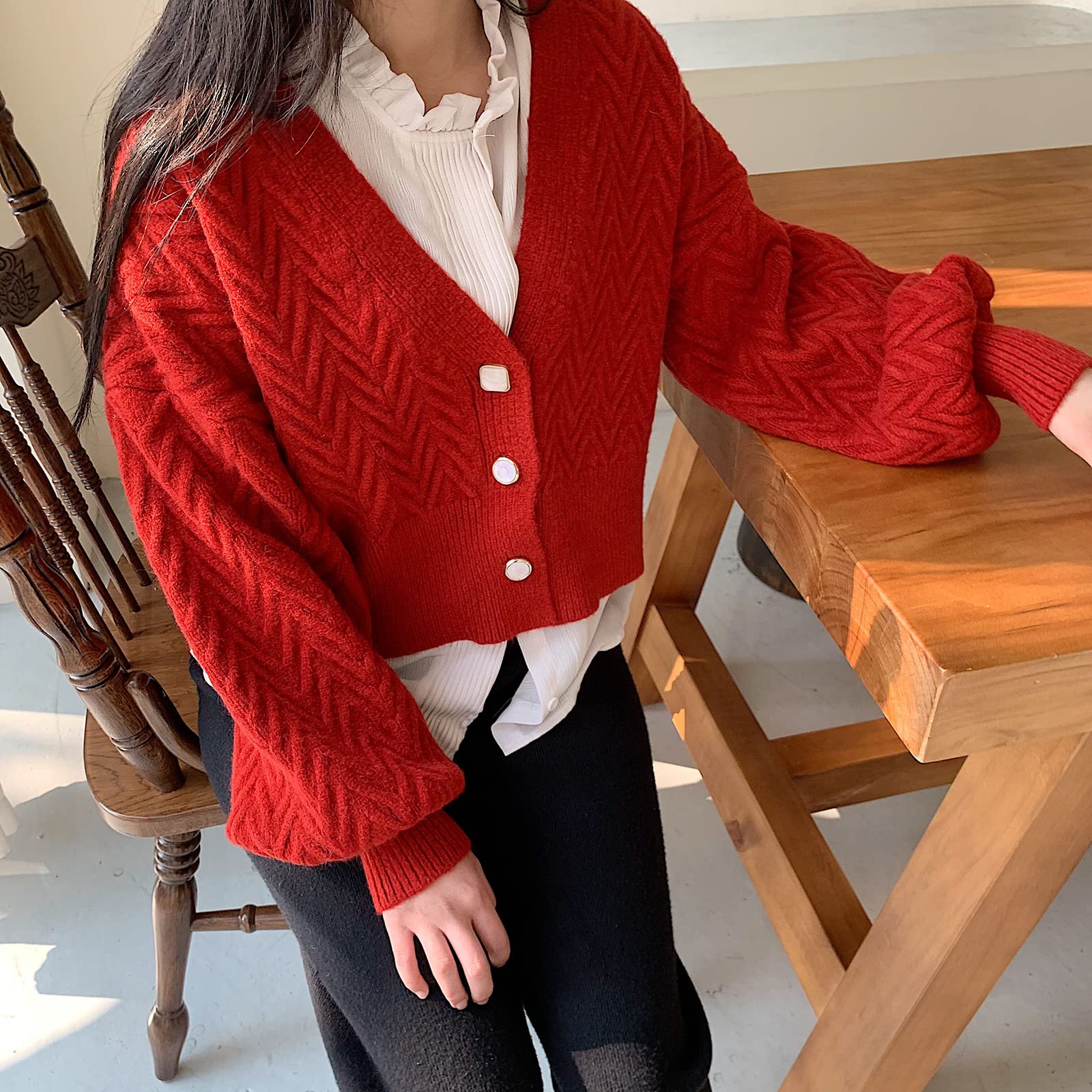 Amazon.co.jp: カーディガン レディース ニット パフスリーブ Vネック