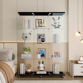 Display Cabinet with Glass Doors and Wheels 4 Tier Glass Display Cabinet with 2 Doors, Curio Cabinet Collection Display Case Floor Standing Bookshelf Corner Cabinet Black, 66.53x47.71x14.56in
