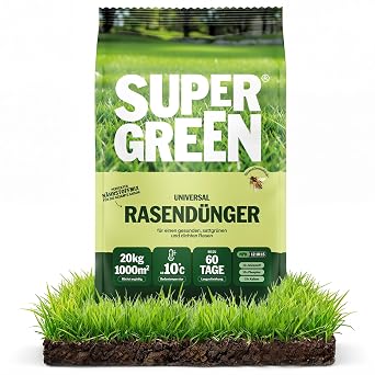SUPERGREEN Universal Lawn Fertiliser Long Term up to 60 Days 20 kg for 1000 m  NPK 12-10-15 for Dense Lush Green Healthy Lawns Nitrate-Free and Dust-Free Granules 2-5 mm All Season Fertiliser