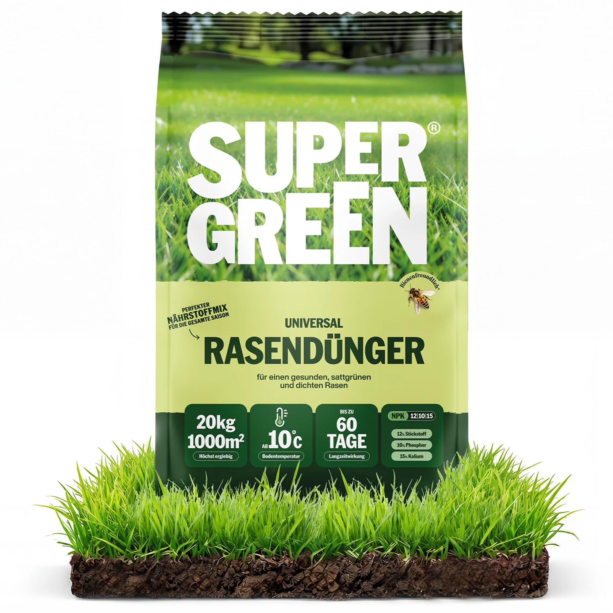 SUPERGREEN Universal-Rasendünger Langzeit bis 60 Tage | 20kg für 1000m² | NPK 12-10-15 für dichten, sattgrünen, gesunden Rasen | Nitratfrei & staubfreies Granulat (2-5 mm) | Ganzjahresdünger