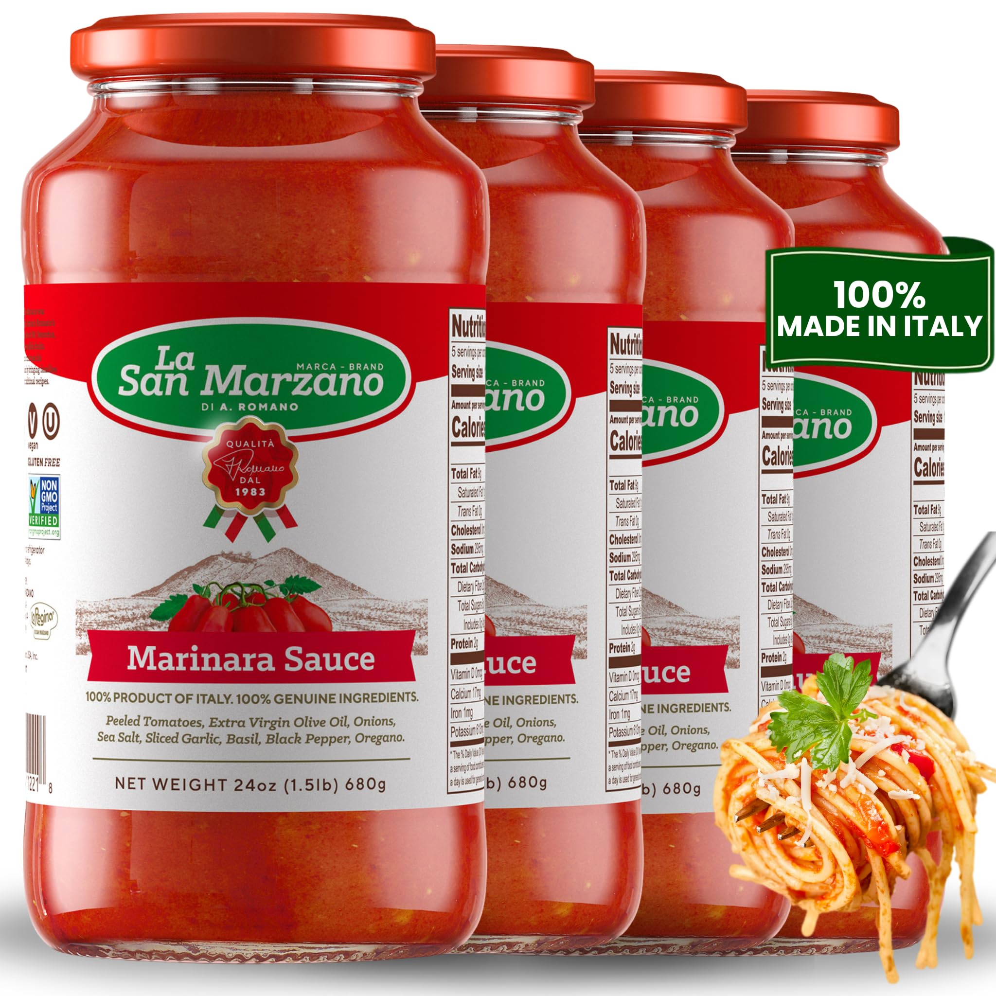 Marinara Sauce, 24 oz, Pasta Sauce Made in Italy, All Purpose Tomato Premium Quality, All Natural, Mediterranean Diet, Non GMO, Vegan, Gluten Free