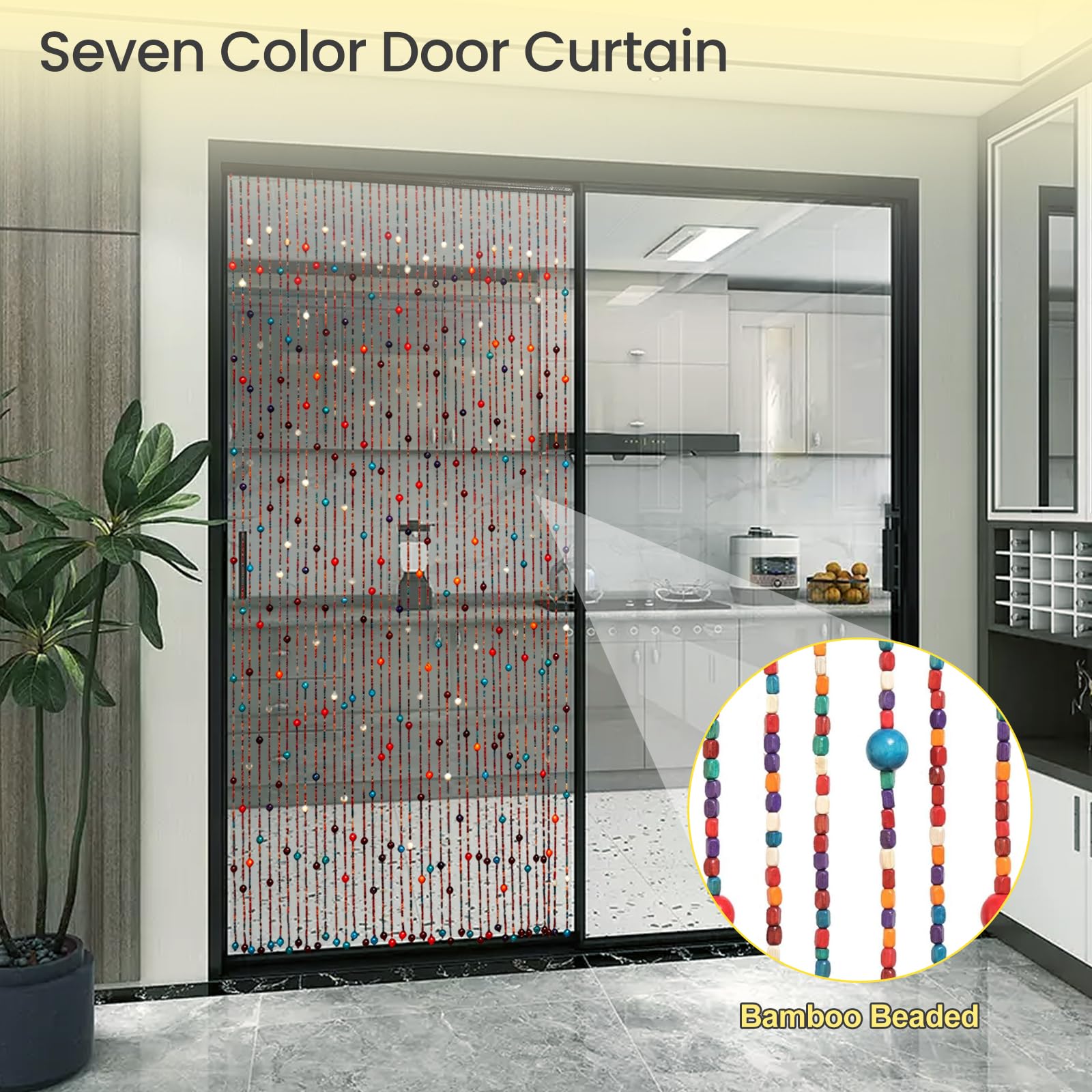 Rideau de porte à perles, 90 x 190 cm, 38 brins, style bohème | Rideau à fils à suspendre rétro en perles de bois avec 2 rubans en lin pour portes de chambres, balcons, cafés et couloirs