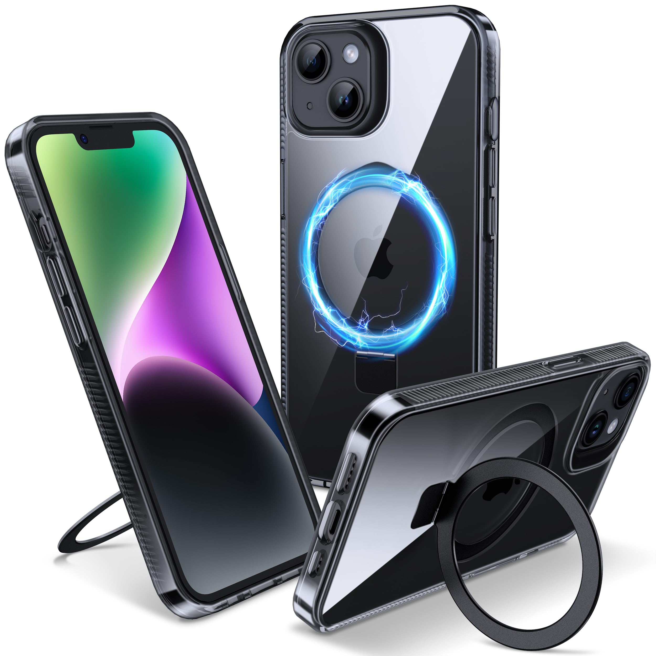 Photo 1 of Flyzoo Magnetic Case for iPhone 13/14 - [Built-in Invisible Stand] [Compatible with MagSafe] [Military Grade Drop Protection] Anti-Yellowing Hard Back Silicone Edge Cover, 6.1", Clear Black
