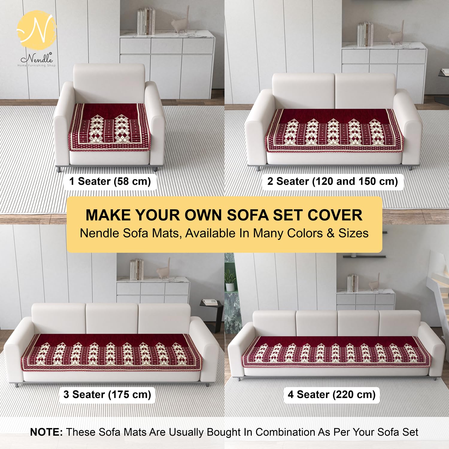Nendle Luxurious Velvet Sofa Cover Mat Set for 5 Seater Sofa (3+1+1), Geometric Design Furniture Protector Cover, Machine Washable Sofa Seat Cover for Living Room (Maroon, 3 Pieces) 1