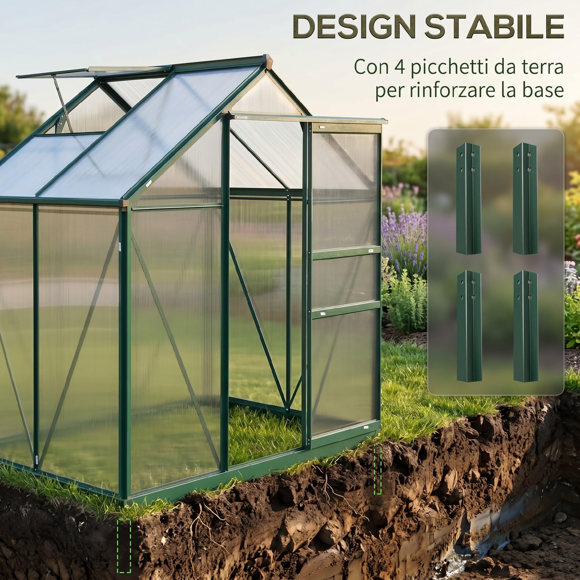 Outsunny Serra da Giardino in Policarbonato 190x132x201cm con Base | Struttura in Alluminio, Serra per Piante, Finestra, Porta Scorrevole