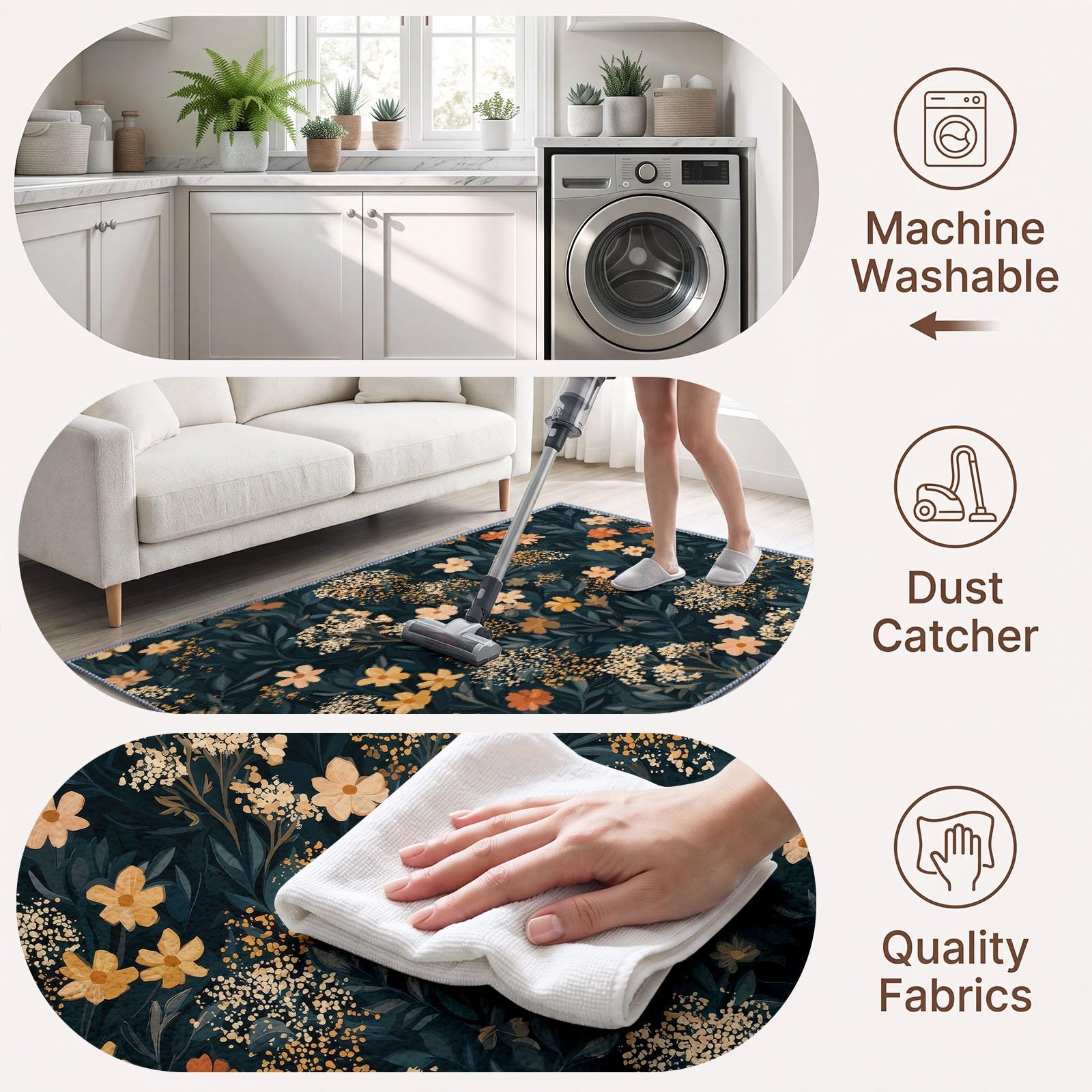 Générique Lavable en Machine Tapis Salon 200x300 cm, Fleur Feuille Antidérapant à Poil Ras Tapis, Impressionniste Rustique Pastoral Écologique pour Salle à Manger Couloir Chambre Bureau