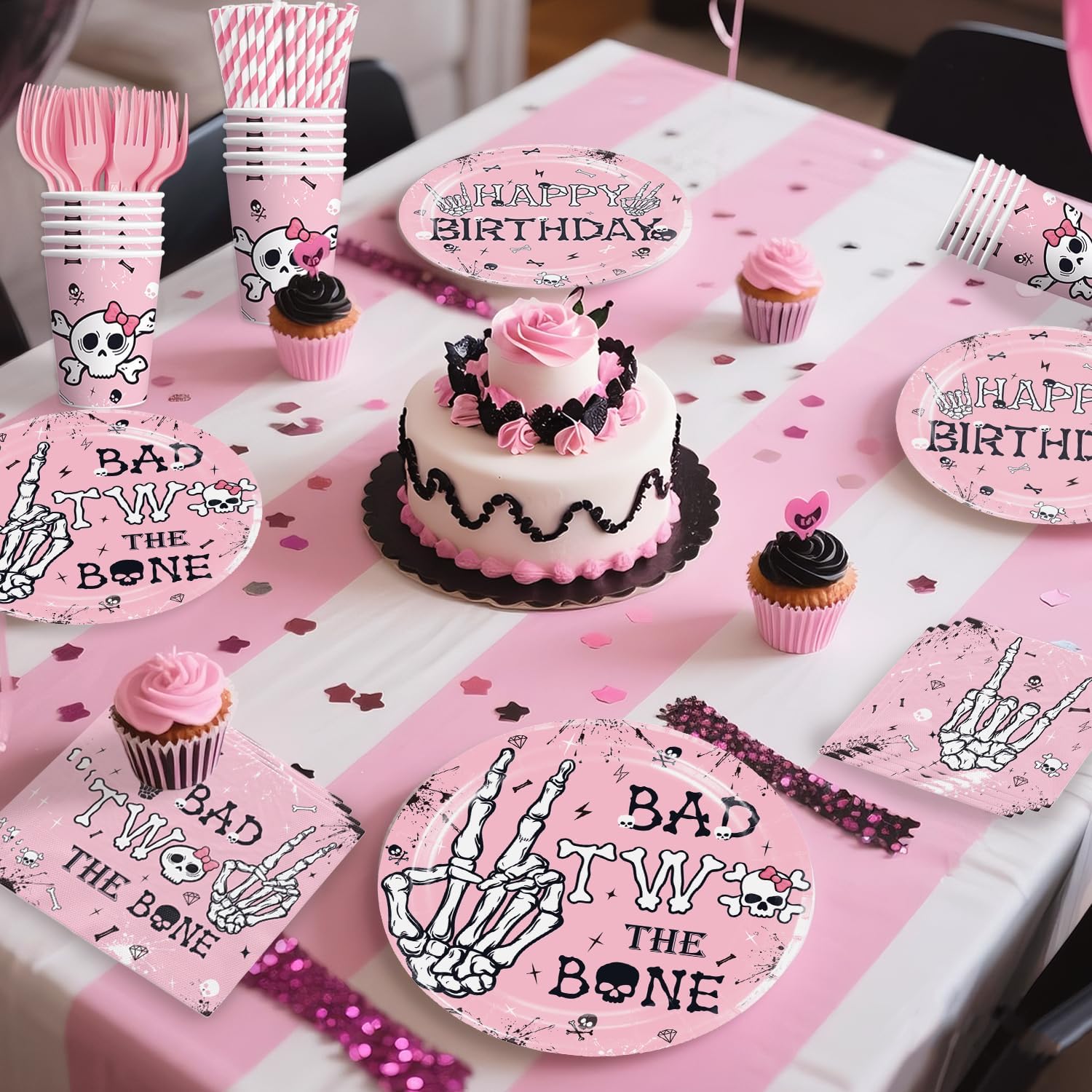 139pcs Bad Two the Bone Party Decorations Girl Tableware Set, Bad to the Bone Thick Plates Banner with Hanging Swirls 2pcs Tablecloth for 2nd Birthday Decorations for Girl, Serves 20