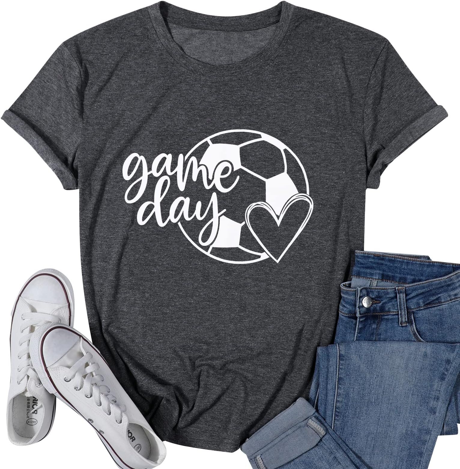 SFHFYSoccer Shirts for Women Game Day Football Heart Graphic Shirts Funny Soccer Season Short Sleeve Shirt Tee Tops