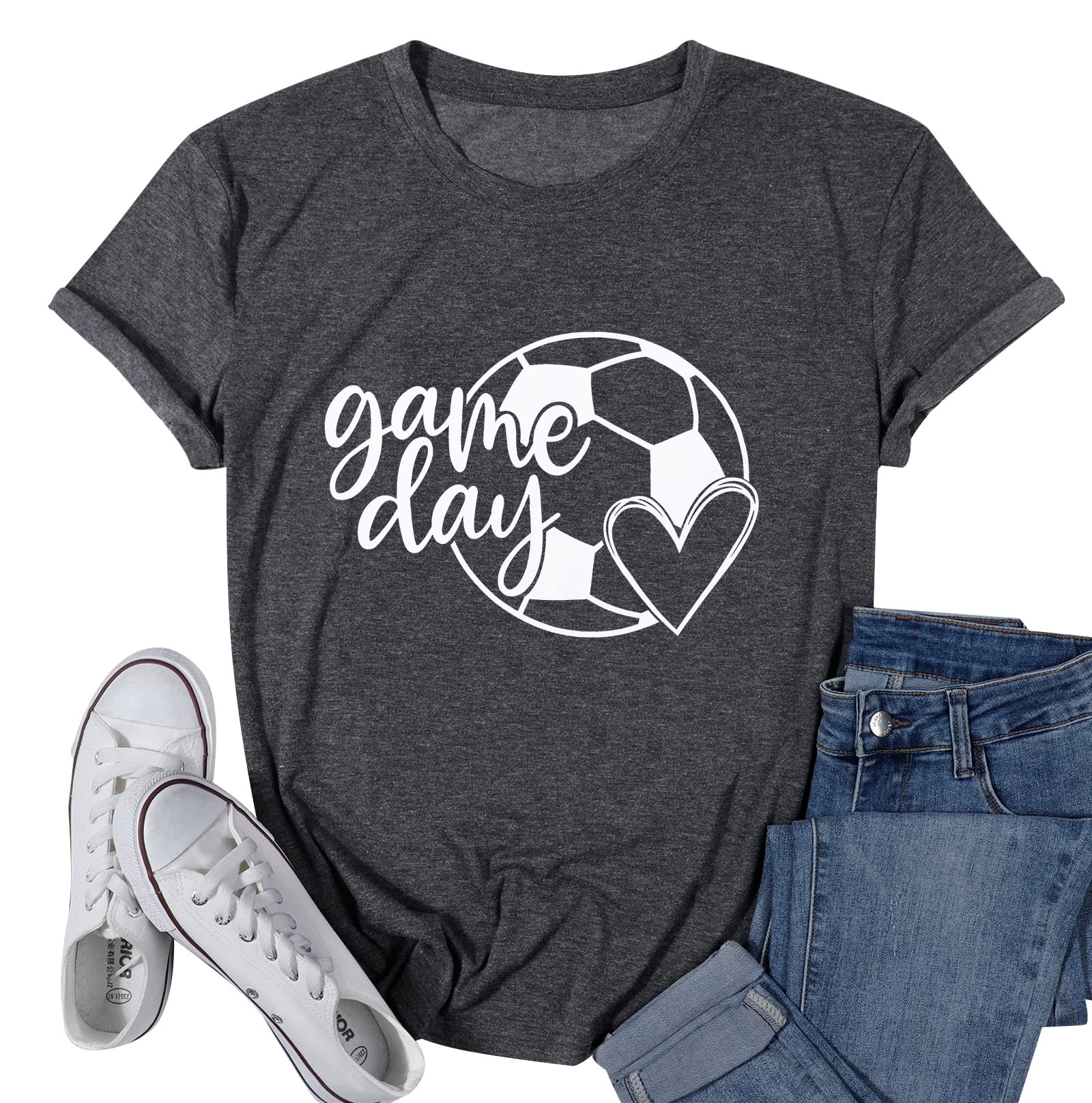 SFHFYSoccer Shirts for Women Game Day Football Heart Graphic Shirts Funny Soccer Season Short Sleeve Shirt Tee Tops