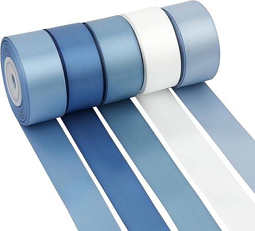 DINDOSAL Cinta azul polvorienta de satén de 1 pulgada, 5 rollos de cinta azul francés surtido para boda, cinta azul antiguo de seda para baby
